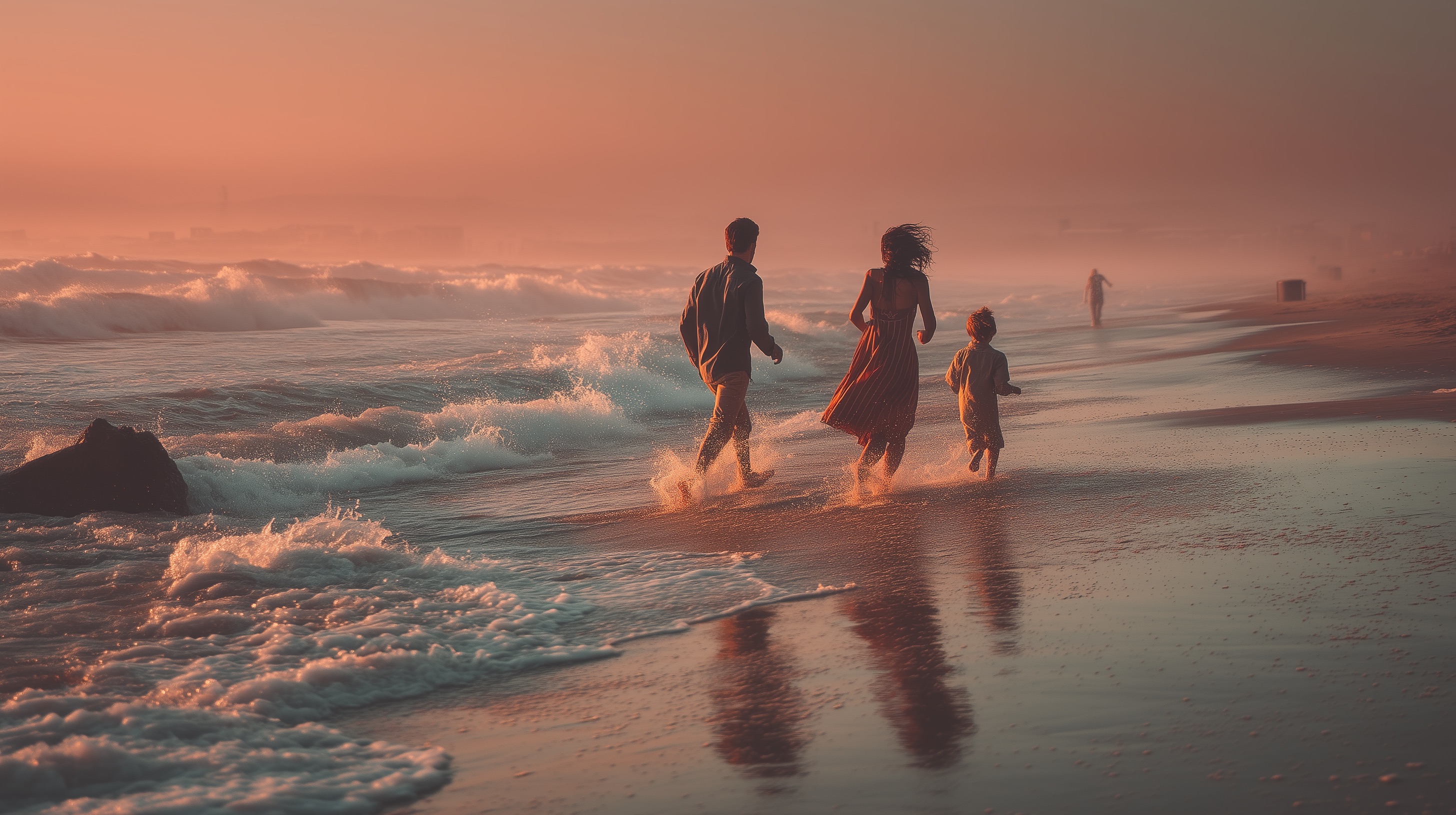 Une famille de trois personnes marche au bord de la mer au coucher du soleil avec des vagues qui éclaboussent leurs pieds sur la plage.