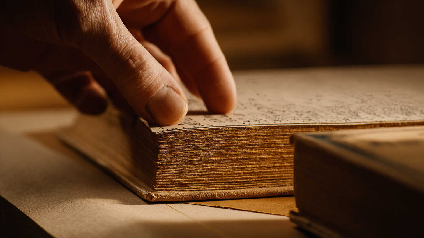 Main tournant une page d’un livre ancien aux pages épaisses et jaunies.