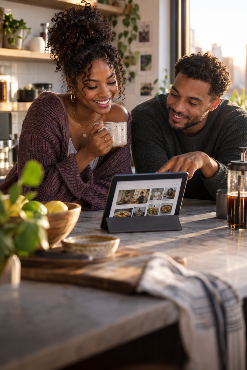 Young adults using a tablet to plan a meal together