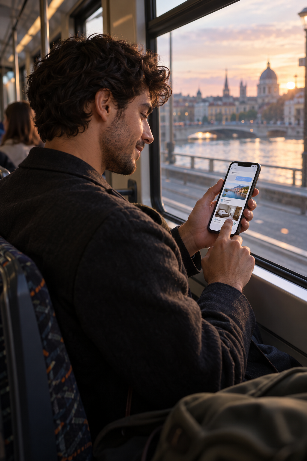 Young traveler researching a weekend trip on his phone during a tram ride
