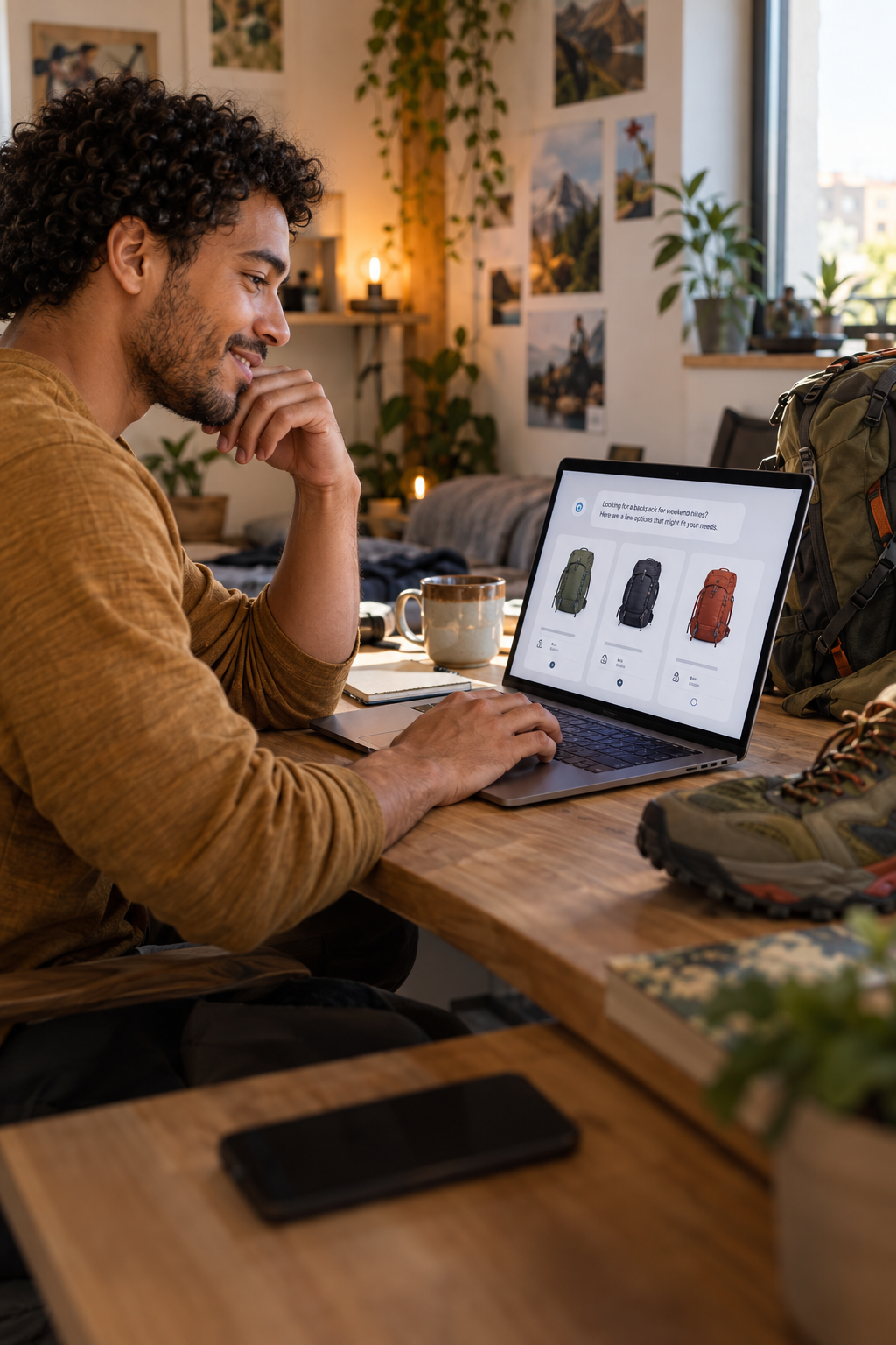 Young consumer comparing outdoor equipment through a conversational shopping interface
