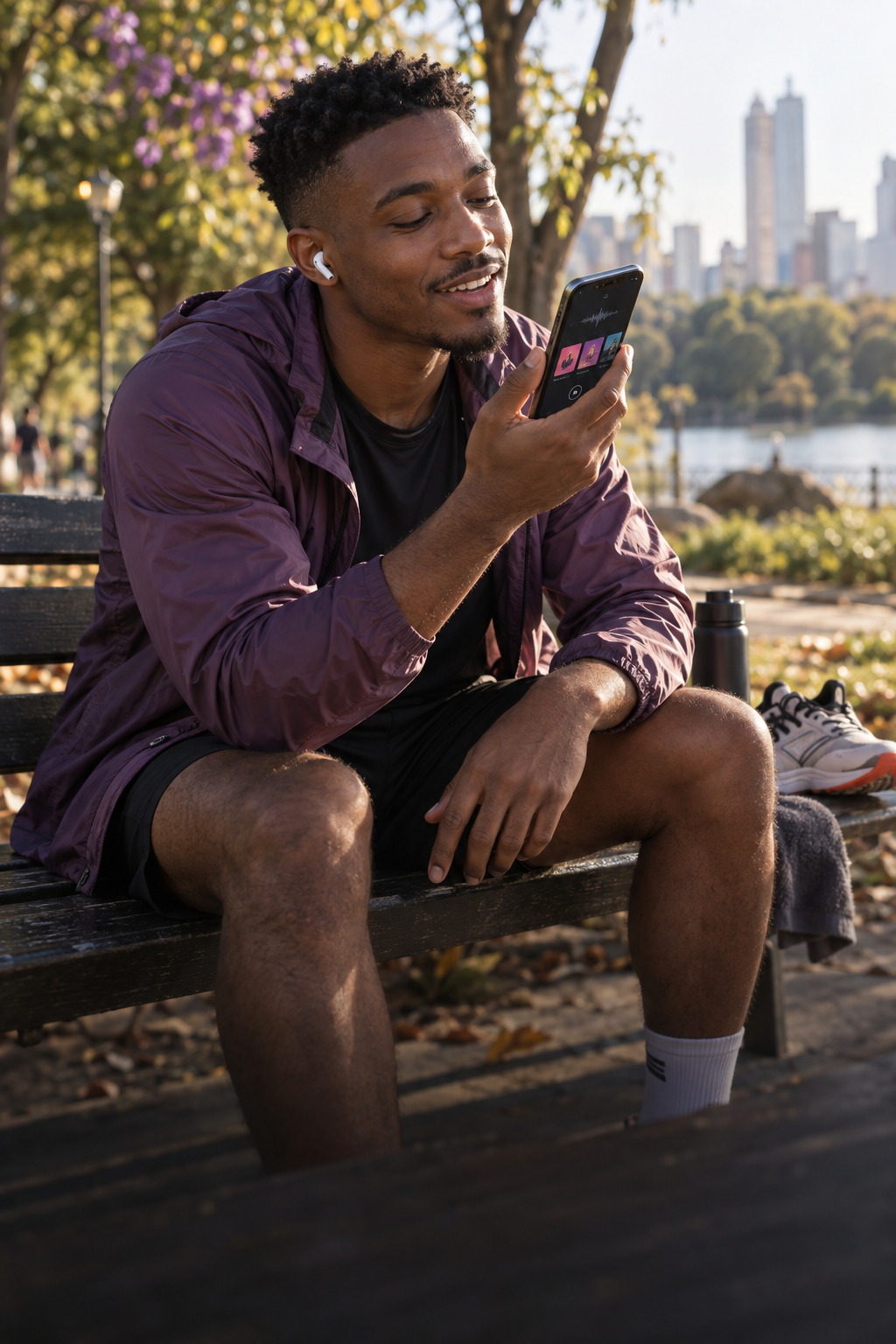 Young runner making a voice music request on his phone after a run