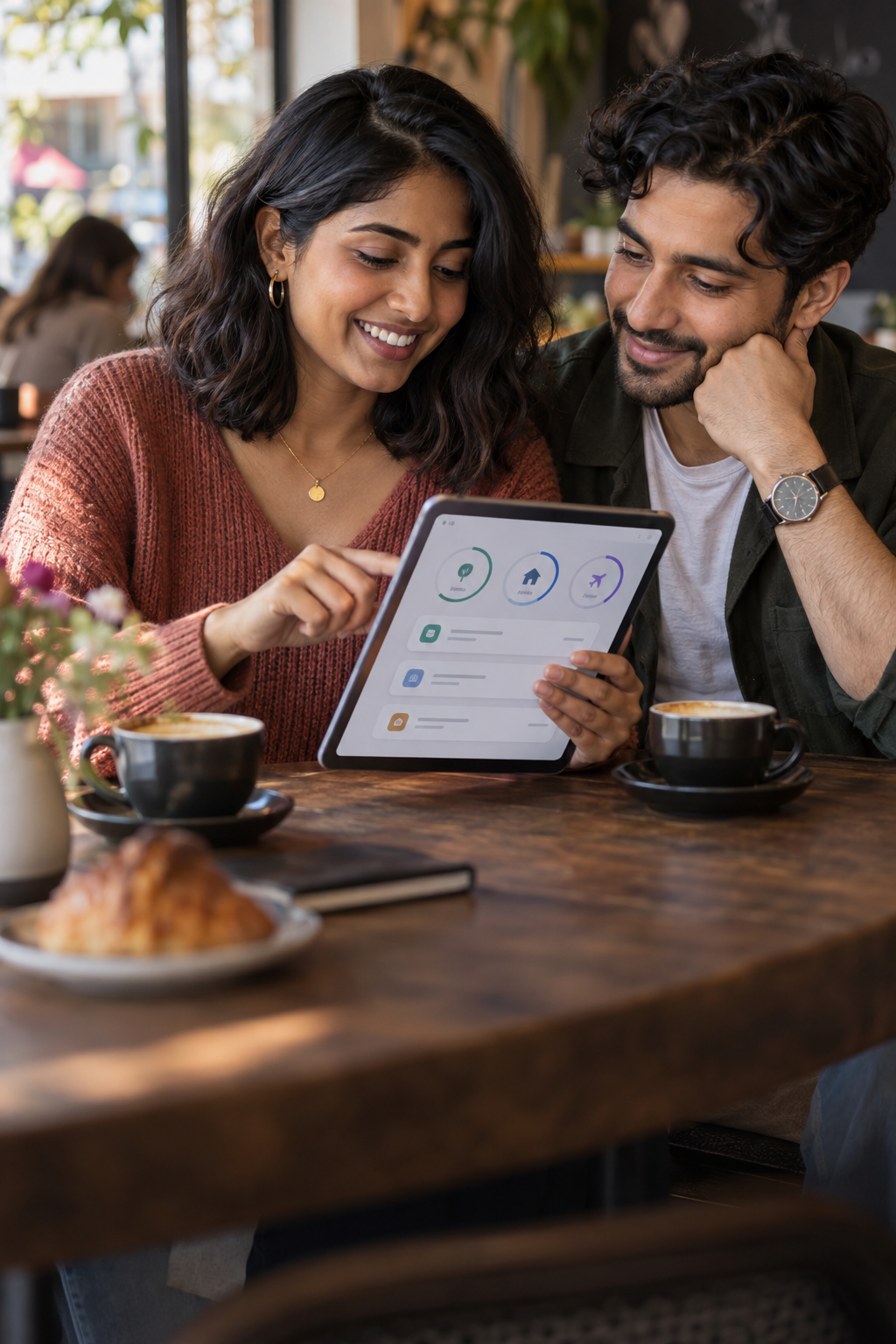 Young couple reviewing a personal budgeting interface on a tablet