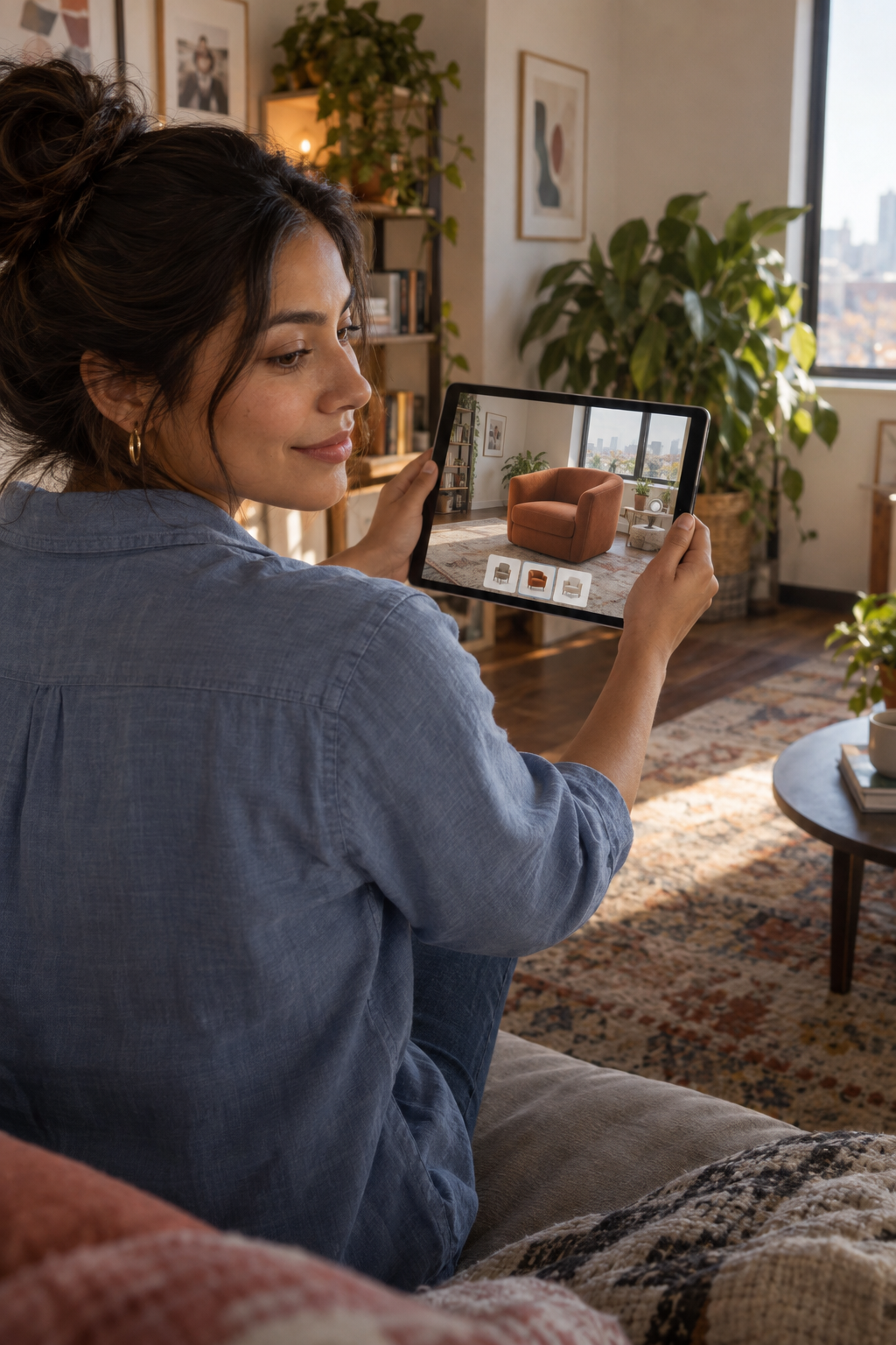 Young woman previewing a lounge chair in her apartment through a tablet
