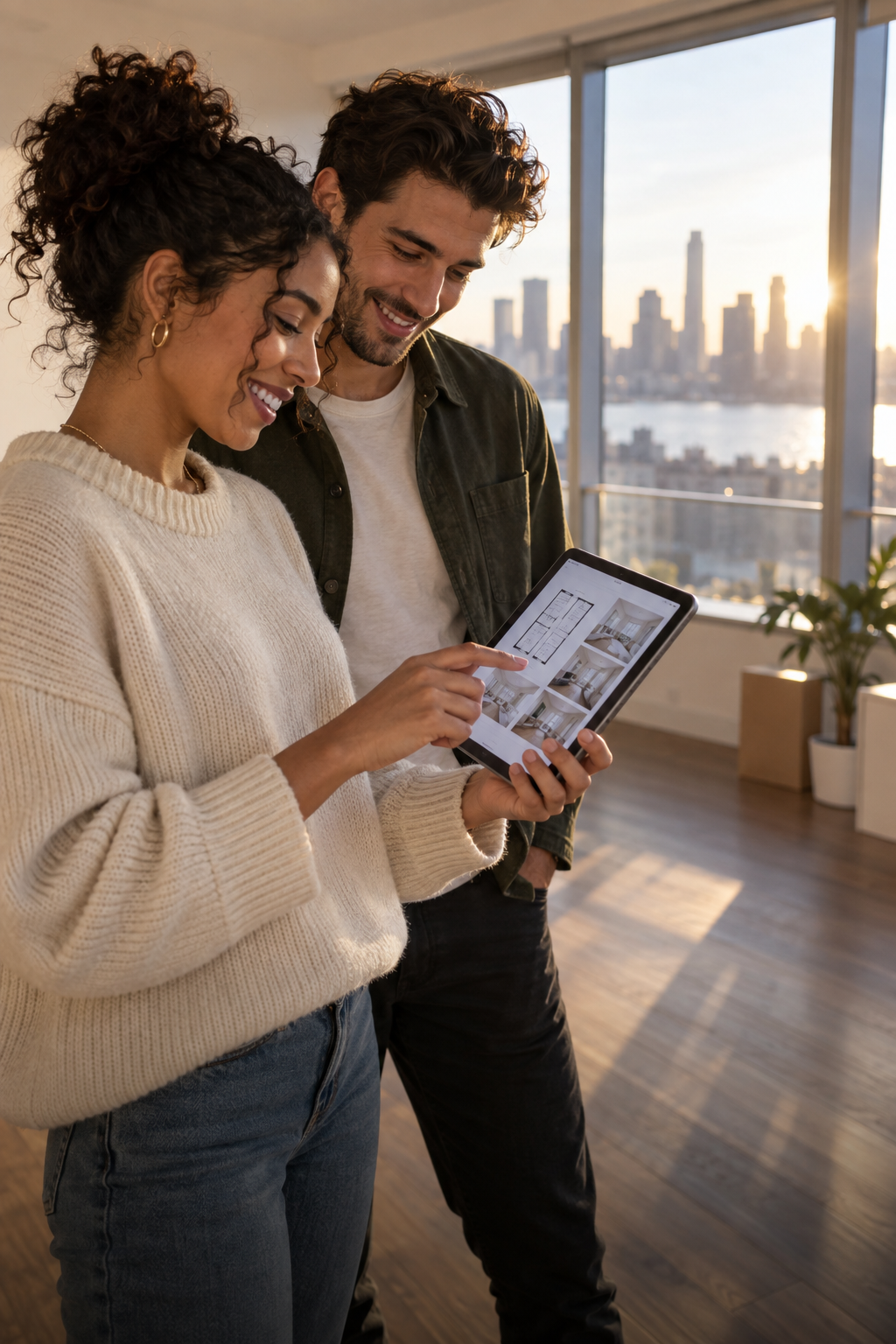 Young couple exploring an apartment with an interactive floor plan on a tablet