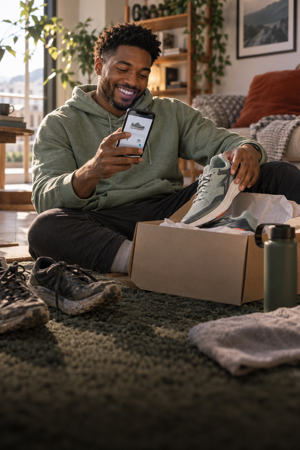 Young runner receiving product care guidance on his phone while unboxing shoes