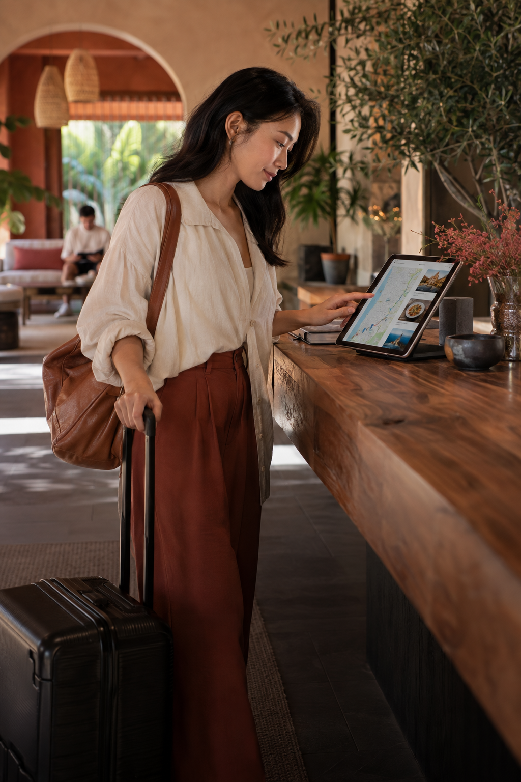 Young guest exploring local experiences on a tablet in a boutique hotel