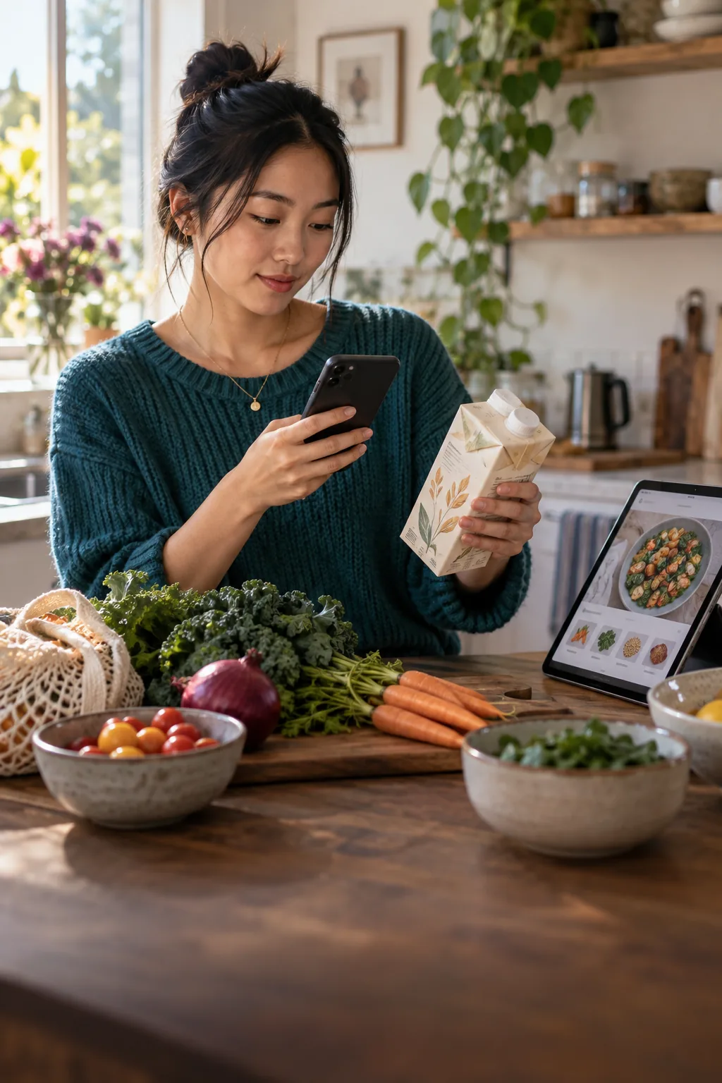 Young consumer scanning groceries while a tablet suggests a meal