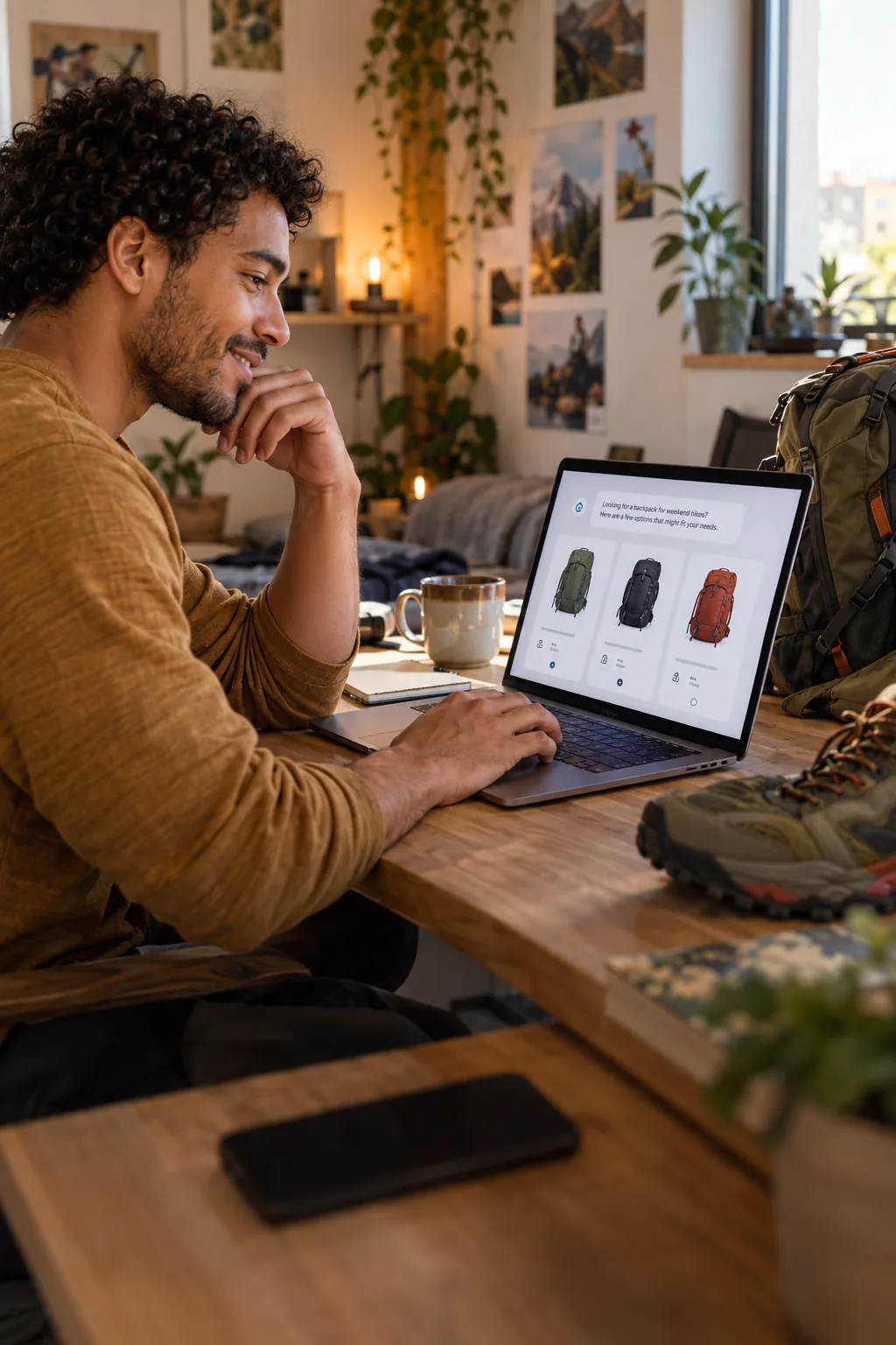 Young consumer comparing outdoor equipment through a conversational shopping interface