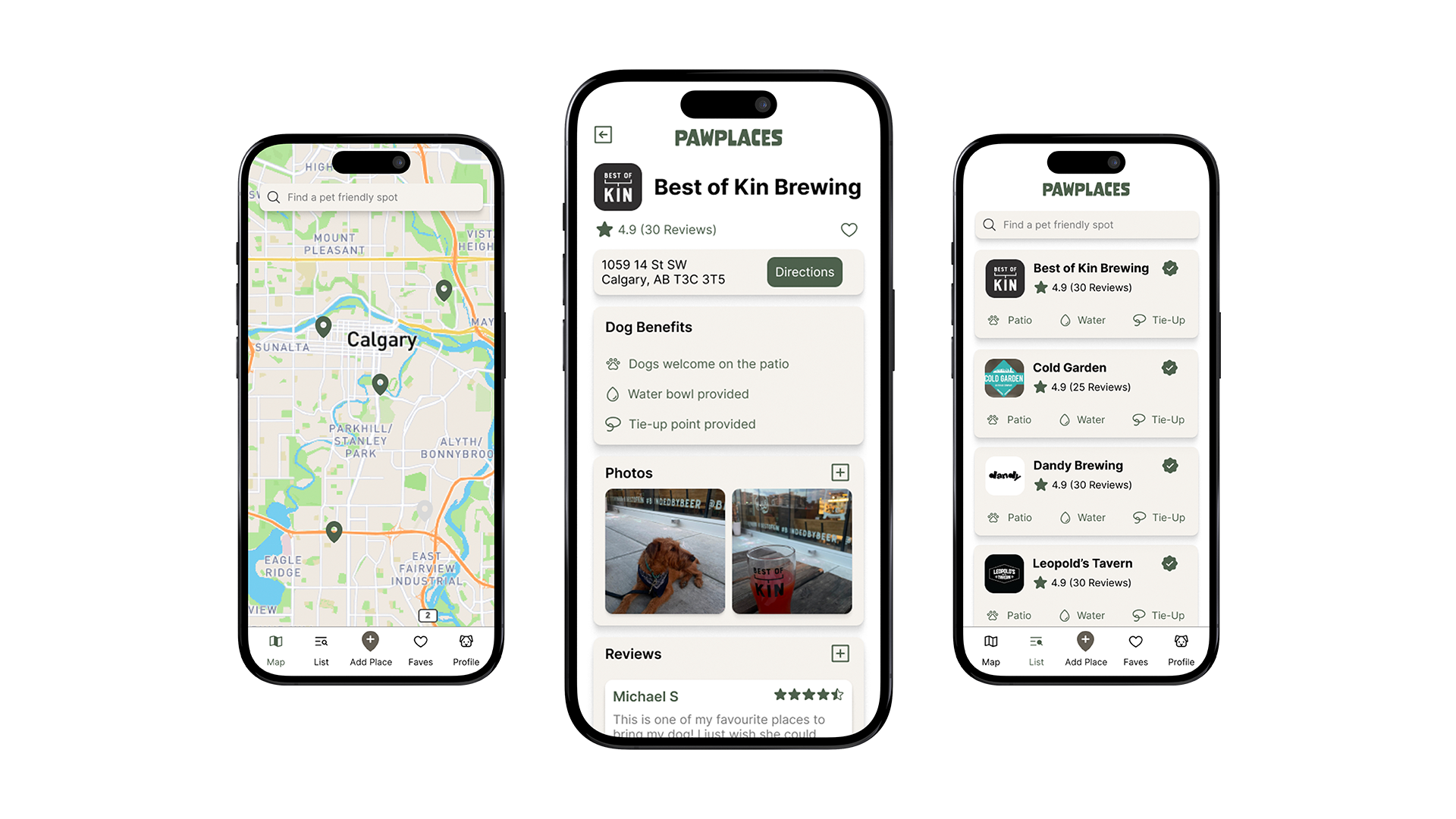 Mockup consisting of three mobile phones showcasing different screens for the pawplaces project