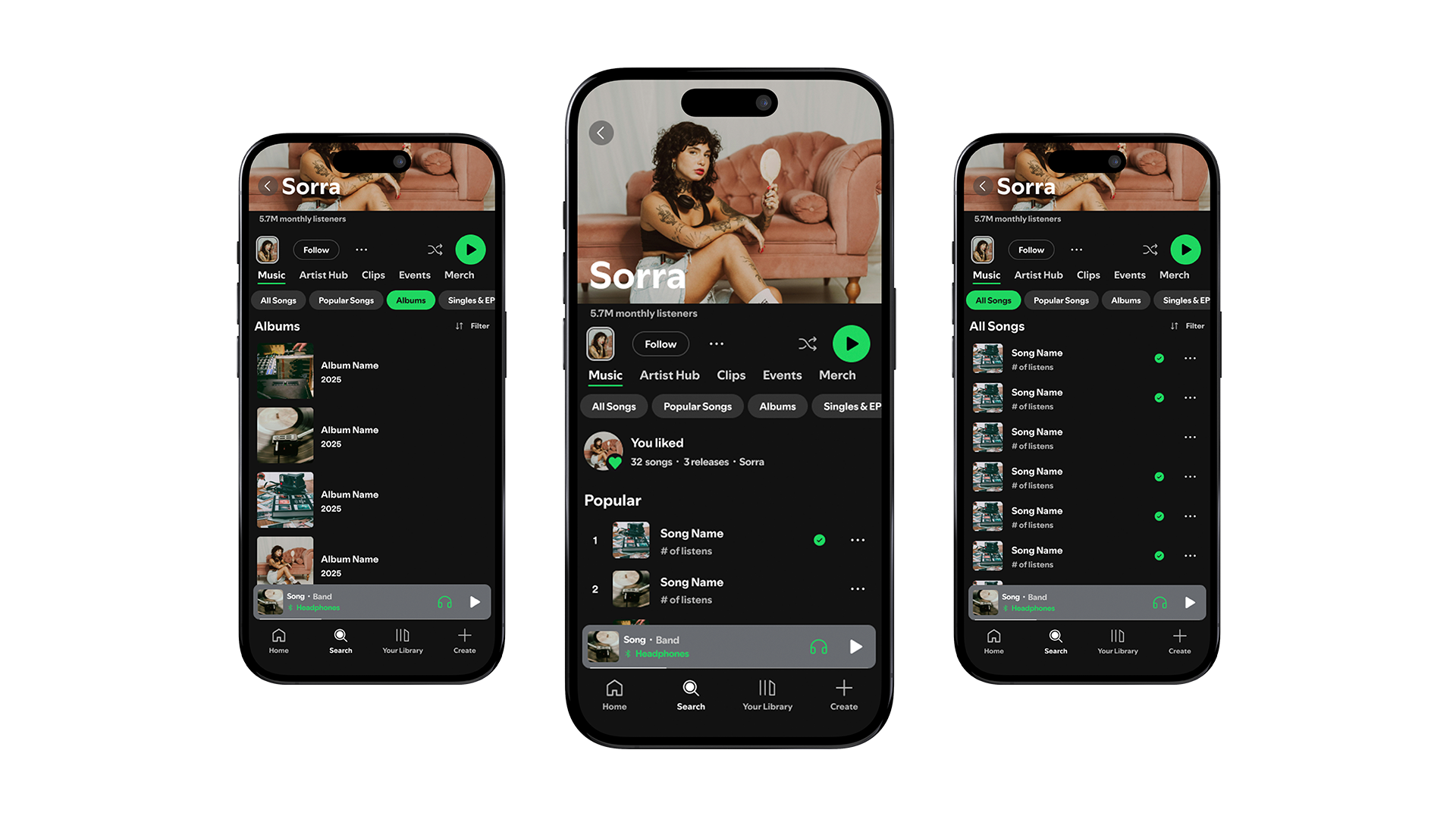 Mockup consisting of three mobile phones showcasing different screens for the spotify redesign project