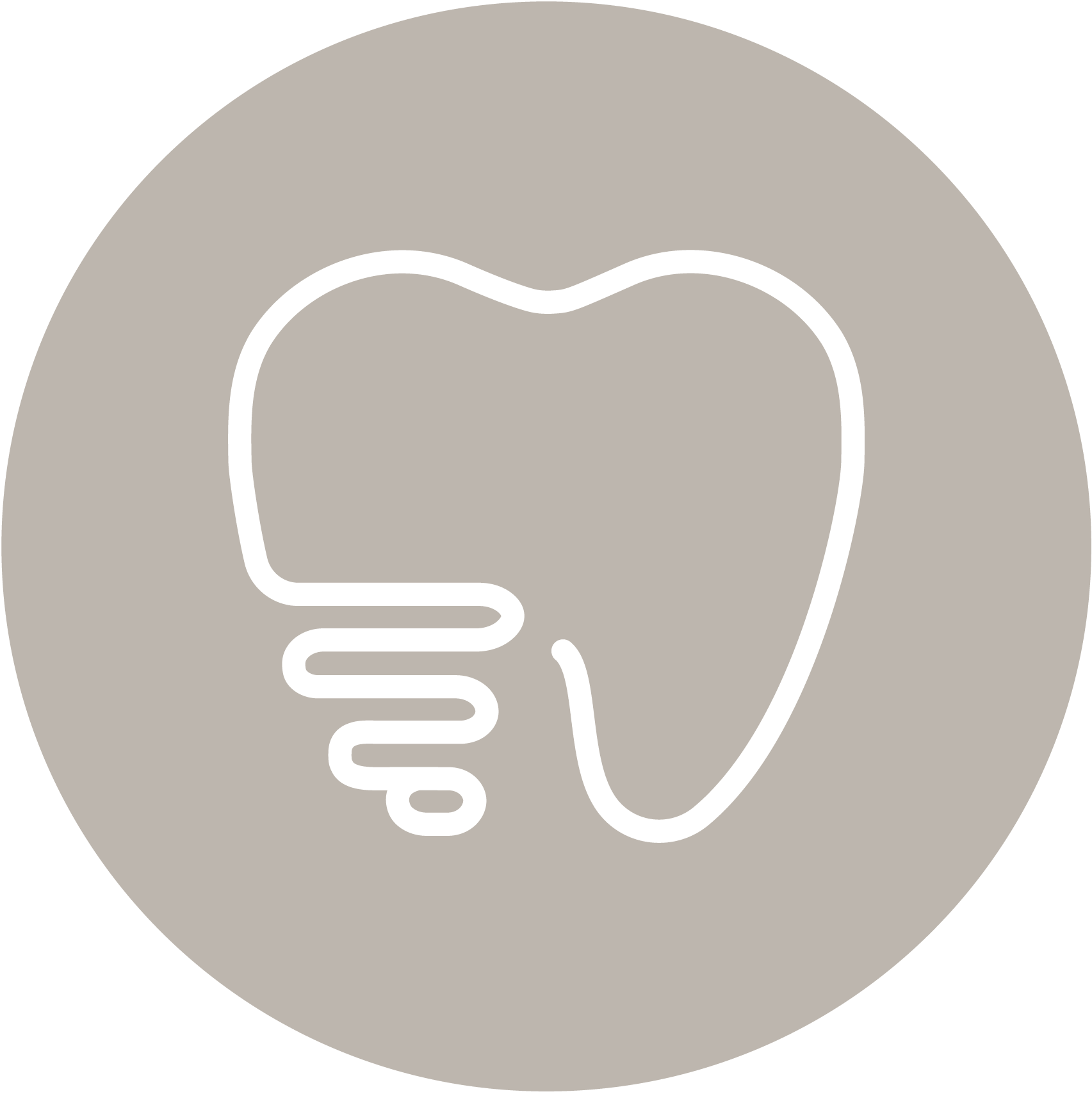 Zahn- und Zahnimplantat-Symbol in weiß auf beigem Hintergrund.