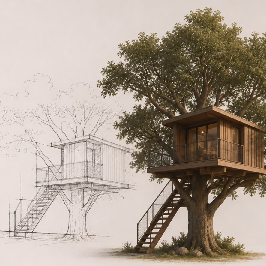 3D rendered treehouse with wooden stairs next to a pencil sketch of the same treehouse design.