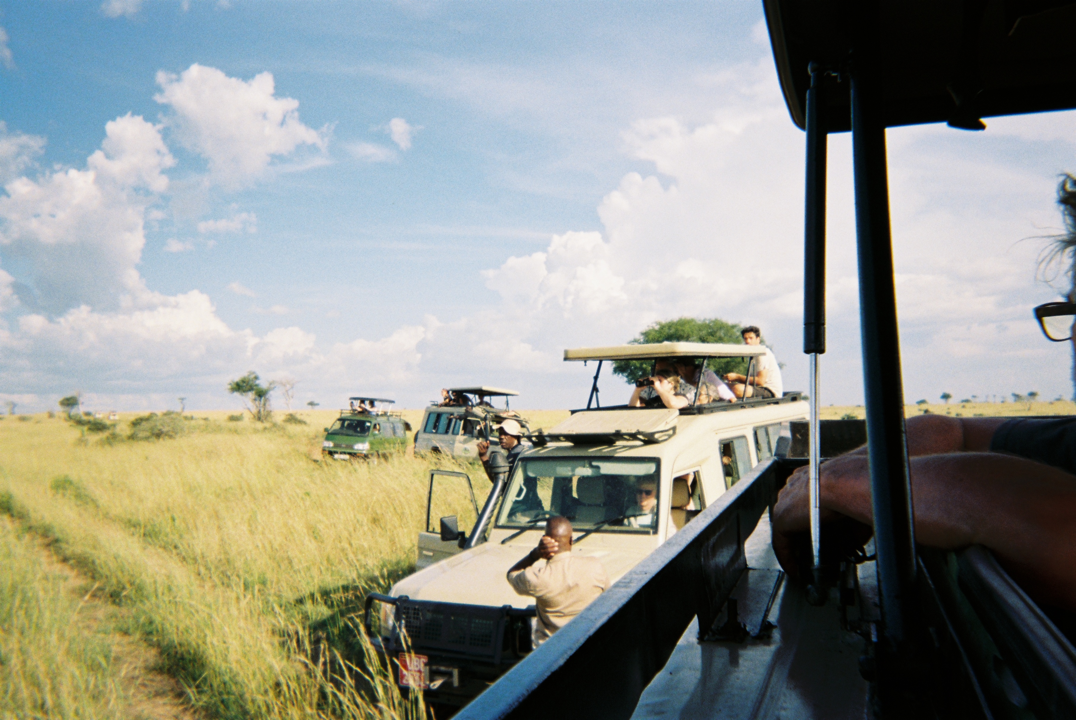 Safari vehicles with tourists observing wildlife on a grassy plain under a partly cloudy sky.