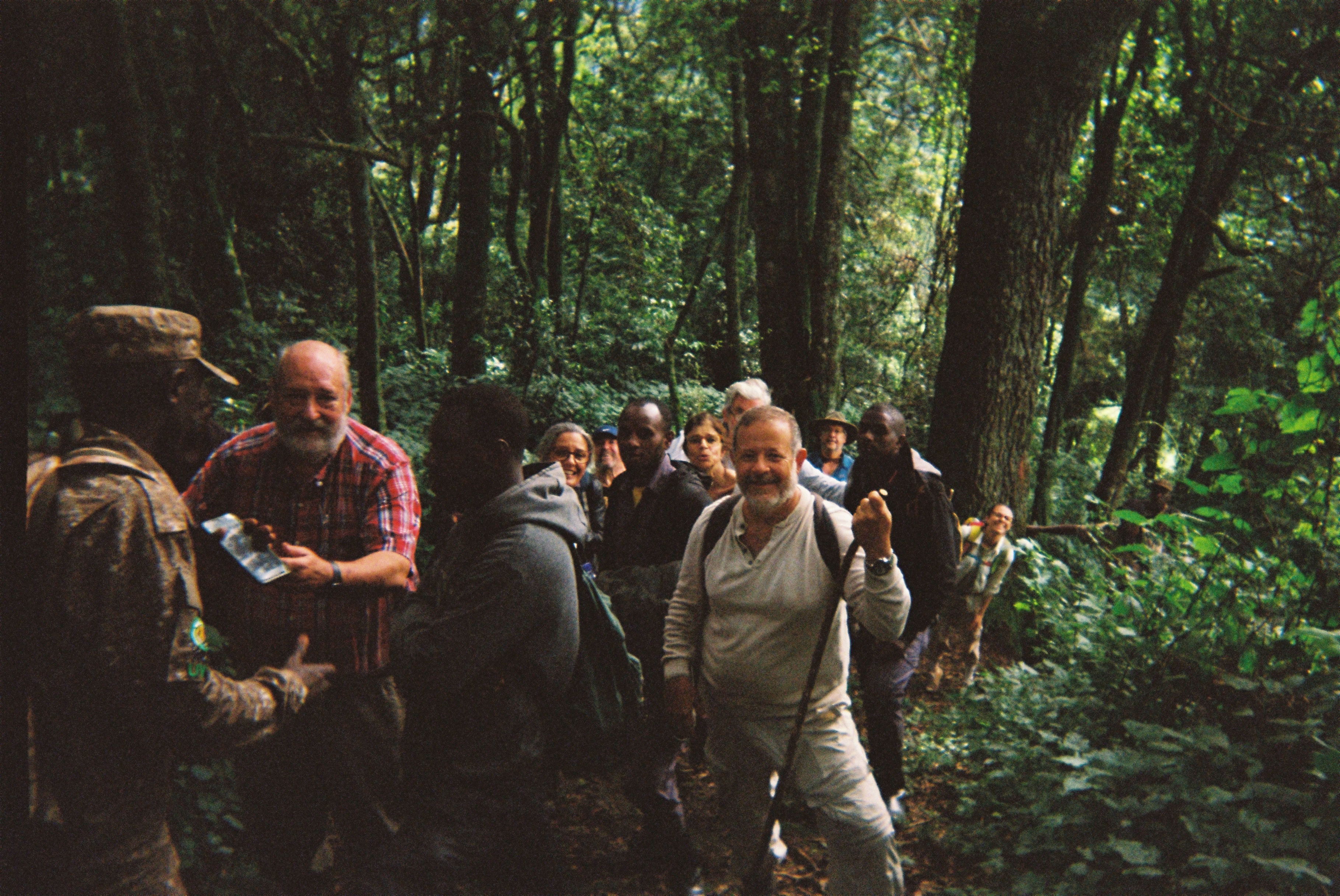 Group of hikers gathered on a forest trail, with one man holding a walking stick and another showing a map to a guide in camouflage.