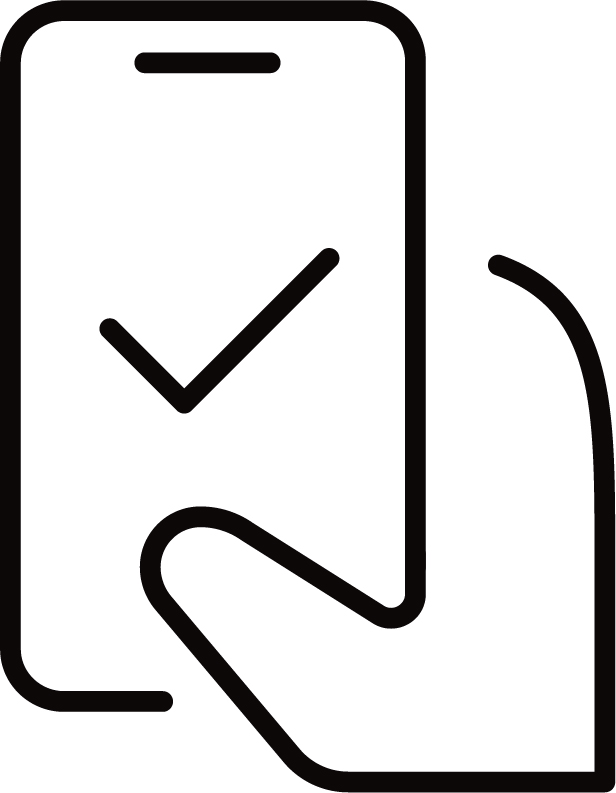 Hand holding a smartphone displaying a checkmark on the screen.