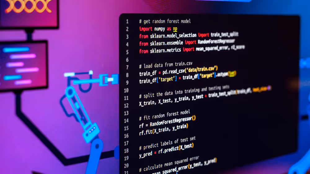Computer screen displaying Python code for training a random forest model with data loading, splitting, fitting, and prediction steps.