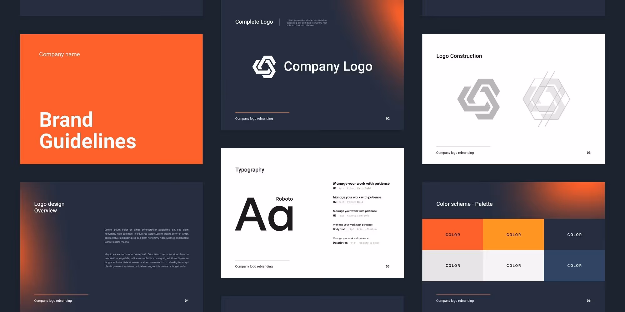 Brand guidelines presentation template showing sections for company logo, logo construction, typography with Roboto font examples, color scheme palette, and logo design overview.