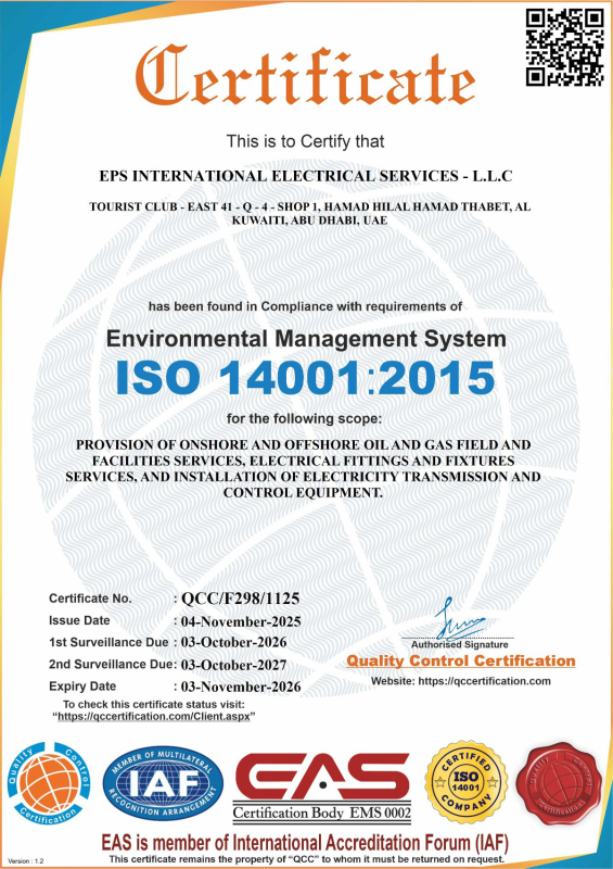 Certificate for EPS International Electrical Services LLC confirming compliance with ISO 14001:2015 Environmental Management System standards, issued November 4, 2025, with signatures and accreditation logos.