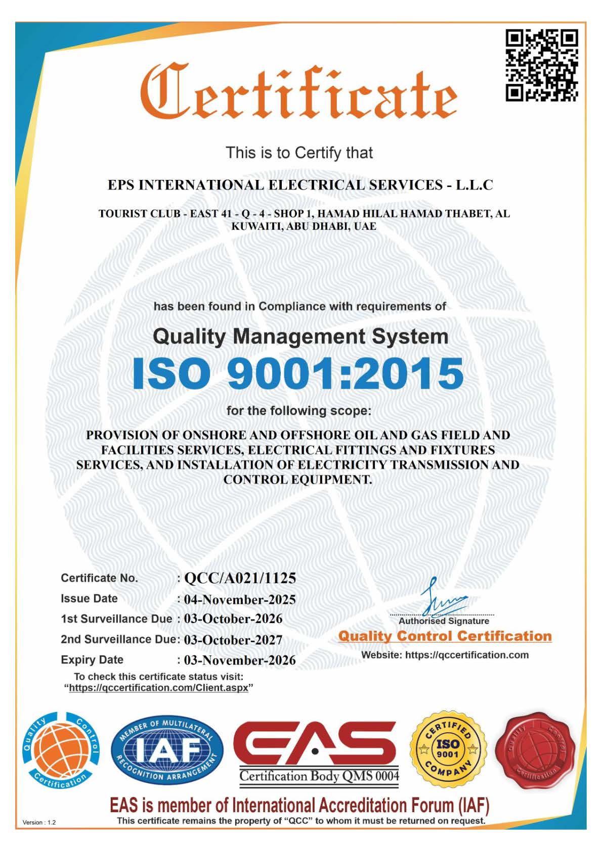 ISO 9001:2015 Quality Management System certificate issued to EPS International Electrical Services LLC, detailing provision of oil and gas field services, electrical fittings, and electricity transmission installation, with issue and expiry dates, signatures, and accreditation logos.