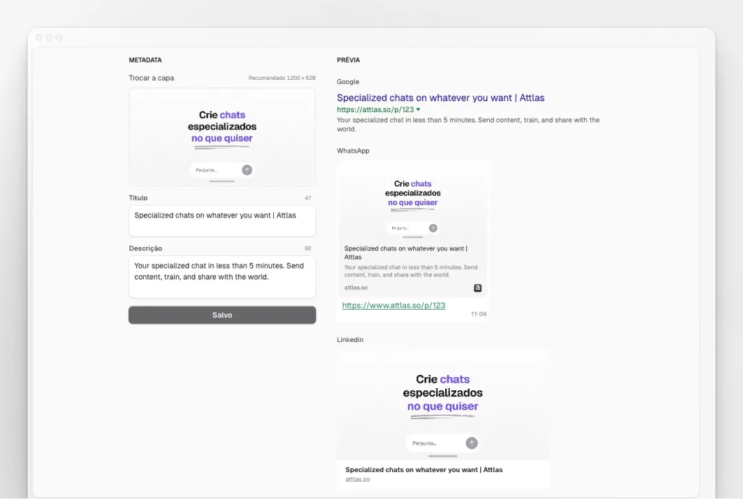 The image features a clean and modern user interface showcasing the Attlas SaaS platform. It includes a promotional section highlighting the ability to create specialized AI chats tailored to user needs. The text appears in both Spanish and English, emphasizing the versatility and ease of use of the platform. Visual elements depict chat previews for WhatsApp and LinkedIn, illustrating how users can implement customized chats across different messaging platforms. The overall layout is user-friendly, designed to attract potential users looking for innovative chat solutions.
