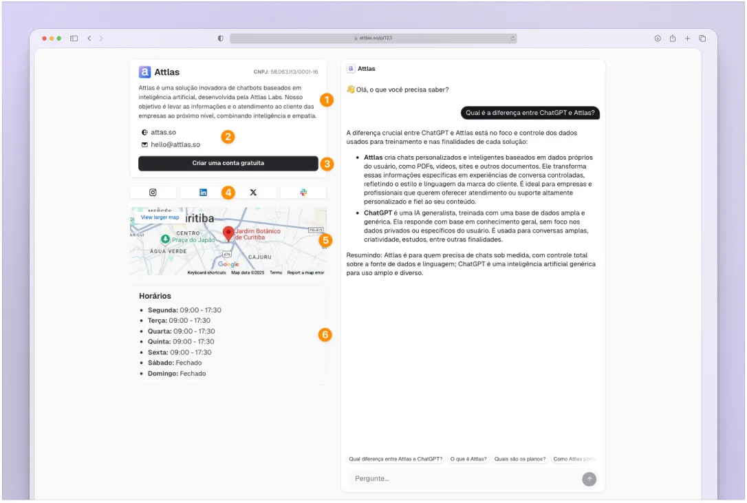 Screenshot of the Attlas platform interface showcasing an AI chat feature. On the left, a map indicates a location with highlighted elements and a pin. On the right, a conversation window displays a chat where a user is asking about the differences between two concepts, "ChatGPT" and "Attlas." The interface is user-friendly with a clean layout, containing buttons for additional options and a question prompt at the bottom. The overall design emphasizes ease of use for creating AI chats personalized with user data.