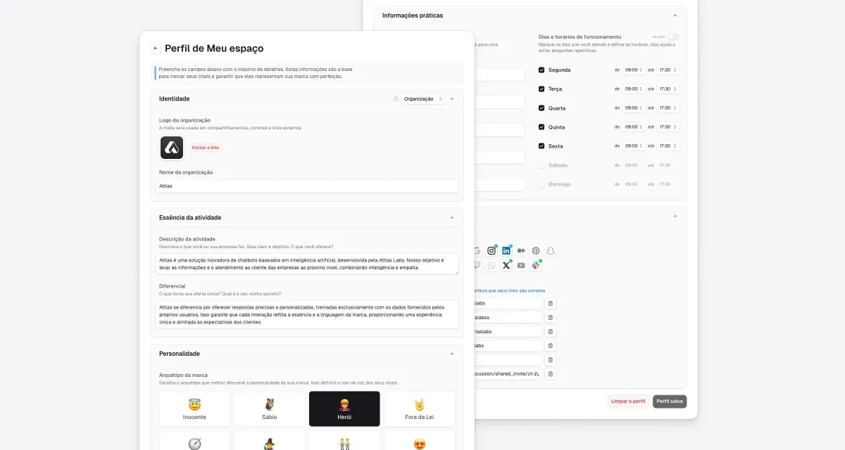 The image showcases the user interface of the Attlas SaaS platform. It features a "Profile of My Space" section, highlighting user identification details and various settings. The left side displays user information, including a logo and sections for activity status and personalization options. The right side presents additional settings with icons for various functionalities, enhancing user experience. The overall layout is clean and user-friendly, emphasizing customization and data organization.