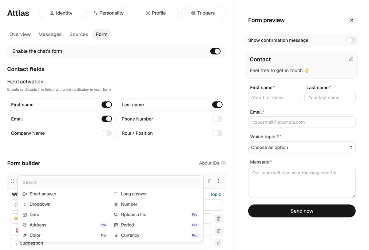 Attlas interface showing the chat form configuration. On the left, the form editor displays options to enable the form, select contact fields such as first name, last name, email, and phone number, and a form builder with different question types (short answer, long answer, dropdown, file upload, and more). On the right, a live form preview shows the final form with contact fields, a topic selector, a message field, and a “Send now” button.