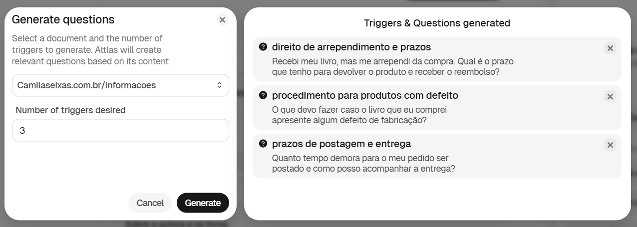 Attlas interface showing the automatic generation of trigger questions. On the left, a "Generate questions" modal where the user selects a source, defines the number of questions, and clicks "Generate." On the right, the "Triggers & Questions generated" screen displays three automatically created questions related to deadlines, returns, and product defects.