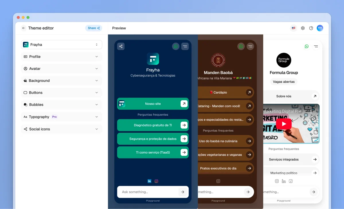 The image showcases the Attlas platform's theme editor interface for creating personalized AI chat experiences. On the left side, the settings menu includes options for profile customization, background, fonts, and social icons. The preview area features three distinct chat themes: "Frayha," presented in blue with options for user interaction, "Mandlen Badok," highlighted in brown, and another chat option related to "Formula Group," which includes engaging content and visual elements. The layout emphasizes ease of customization and user-friendly design for building AI-driven chats.