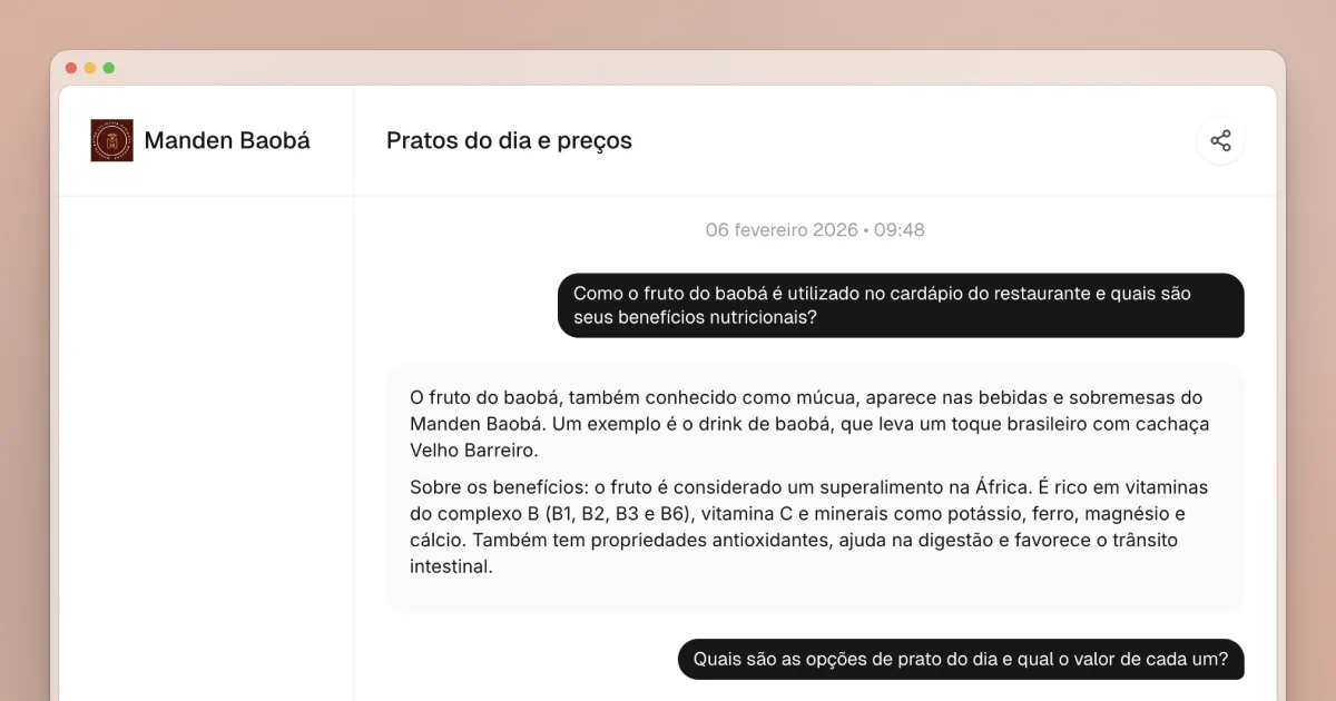 The image shows a sleek interface of the Attlas SaaS platform, featuring a chat window titled "Manden Baobá" with the date "06 fevereiro 2026" and time "09:48." The conversation discusses the nutritional benefits of baobab fruit, referring to its use in restaurant menus and health properties. The chat's design highlights user-friendly communication, emphasizing the platform's capability for personalized AI interactions based on specific data.