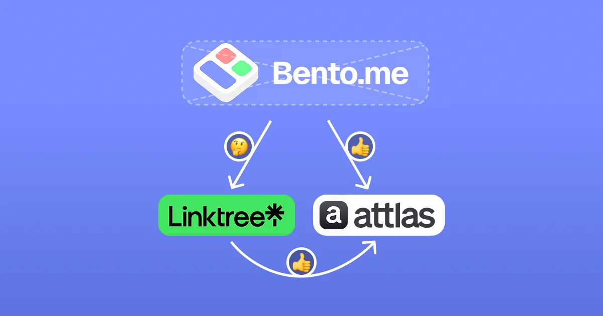 A colorful graphic featuring the logo of Bento.me at the top, surrounded by icons of a neutral face and thumbs up. Below, there are two separate branches leading to the logos of Linktree and Attlas, each accompanied by a thumbs-up icon, signifying positive interactions or connections between the platforms. The background is a soft blue, providing a visually appealing setting for the illustrations.