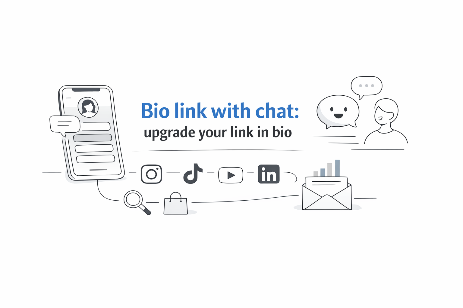 Minimalist white article cover with thin line illustrations. On the left, a smartphone displays a profile-style bio page with chat bubbles. In the center, the title reads “Bio link with chat: upgrade your link in bio” in blue and black text. Below, thin outlined icons for Instagram, TikTok, YouTube, and LinkedIn connect across the page. On the right, simple line drawings of a chat bubble, a person, and an envelope with analytics bars reinforce the idea of interactive communication and smart link management.
