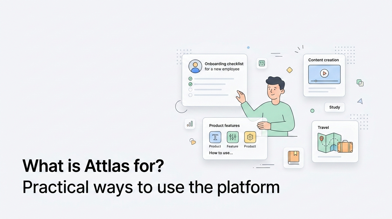 A minimalist flat vector illustration with thin line art and a light pastel color palette on an off-white background. The image features a friendly, human-centered character surrounded by floating UI cards that represent various use cases for the Attlas platform, such as "Onboarding checklist," "Product features," "Content creation," and "Travel." The composition is clean and modern, featuring subtle shadows and simple geometric elements. In the bottom left, the article title reads "What is Attlas for? Practical ways to use the platform," and the Attlas logo is positioned in the bottom right corner.