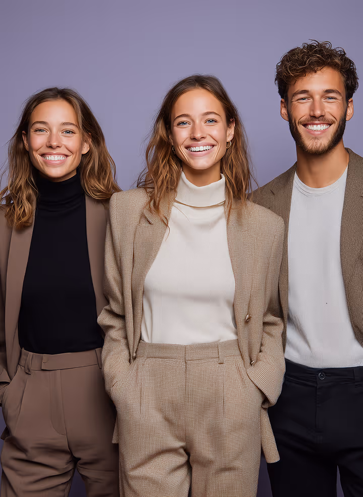 Two women and one man standing side by side against a purple background, all smiling and dressed in stylish neutral-toned outfits.