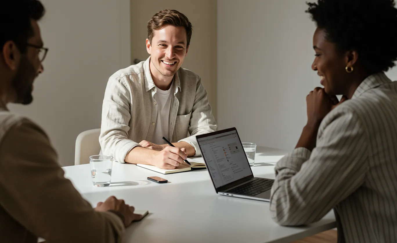 Team discussing ideas around a meeting table in professional setting.