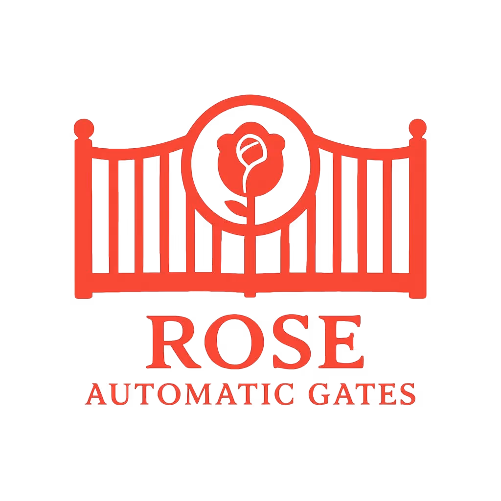 Red logo of a gate with a rose in the center and text 'ROSE AUTOMATIC GATES' below.