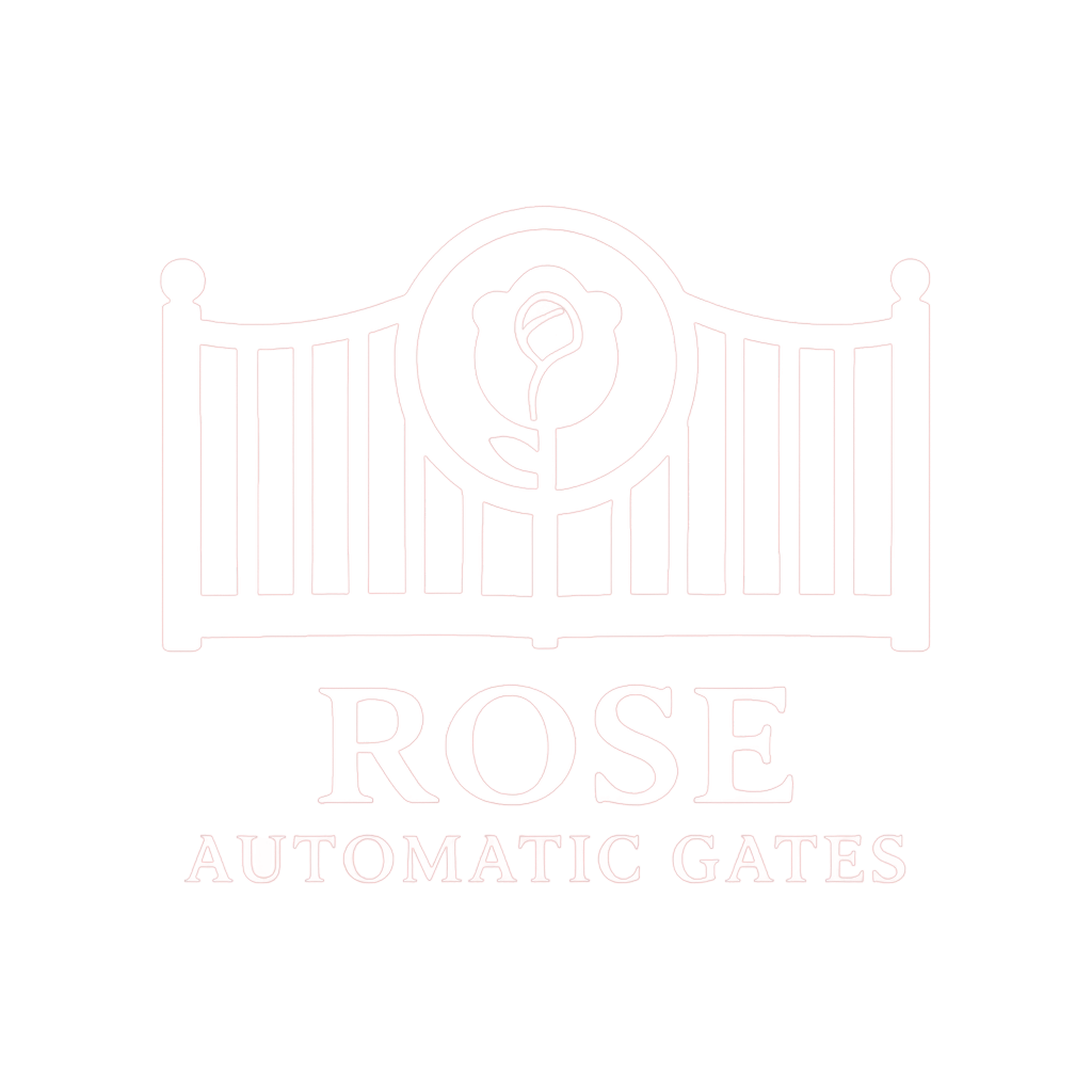 White logo of a gate featuring a rose design in the center with the text 'ROSE AUTOMATIC GATES' below on a black background.