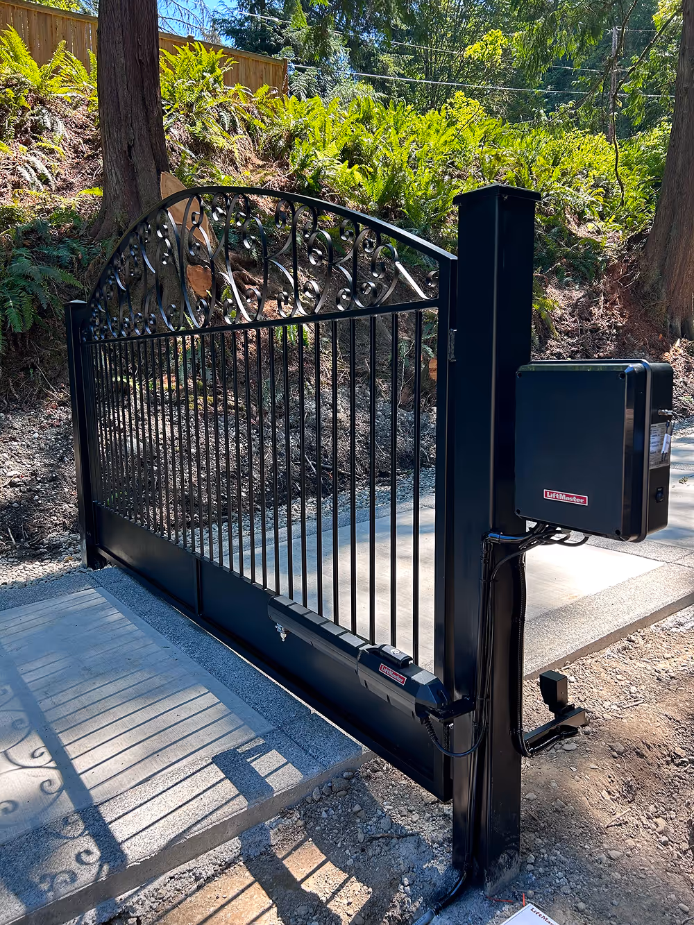 Black wrought iron automated driveway gate with LiftMaster opener installed, set in a wooded area with ferns and trees.