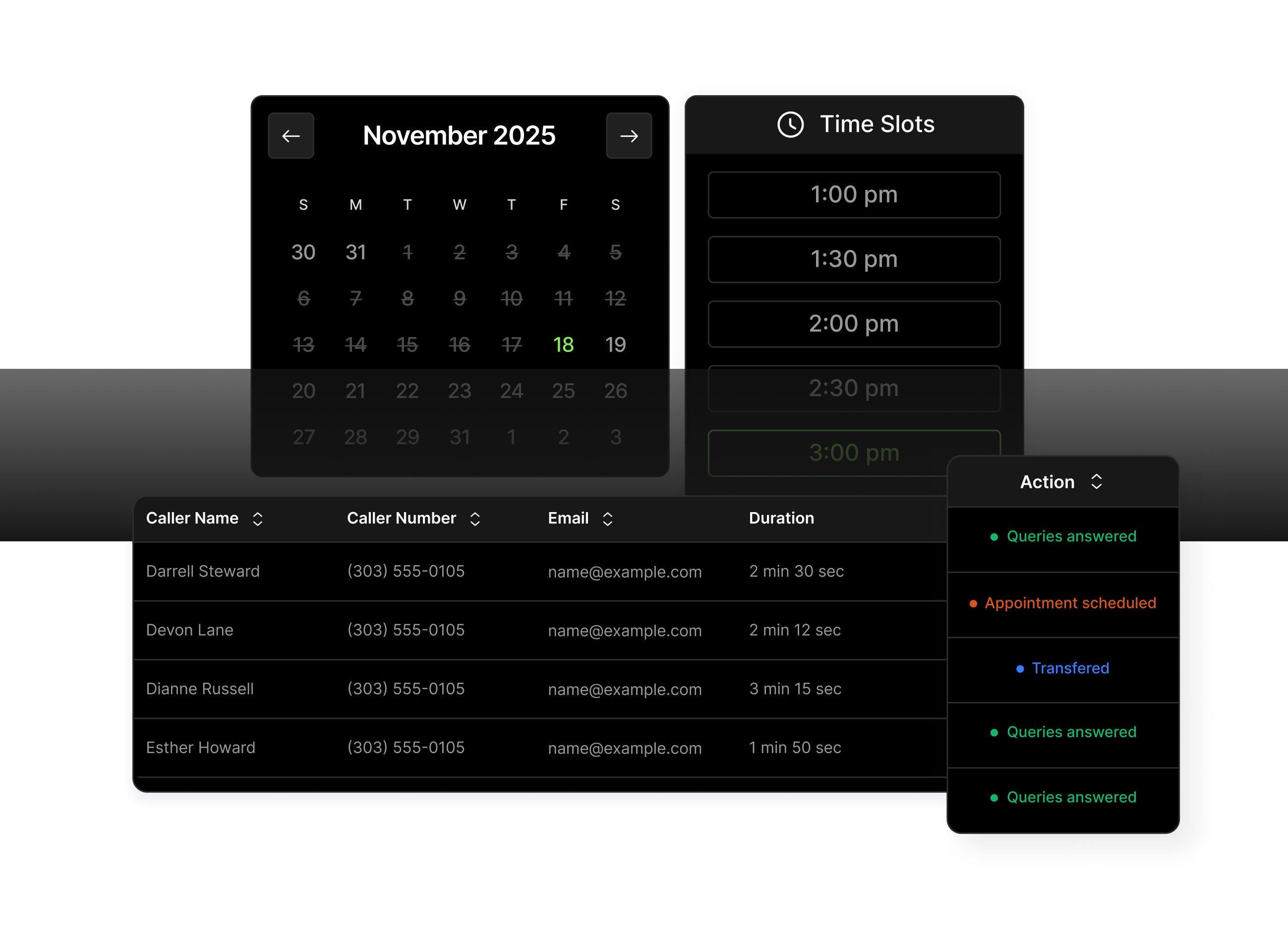 Dark-themed scheduler interface showing November 2025 calendar, available time slots from 1:00 pm to 3:00 pm, and a table of caller details with names, phone numbers, emails, call durations, and action statuses.
