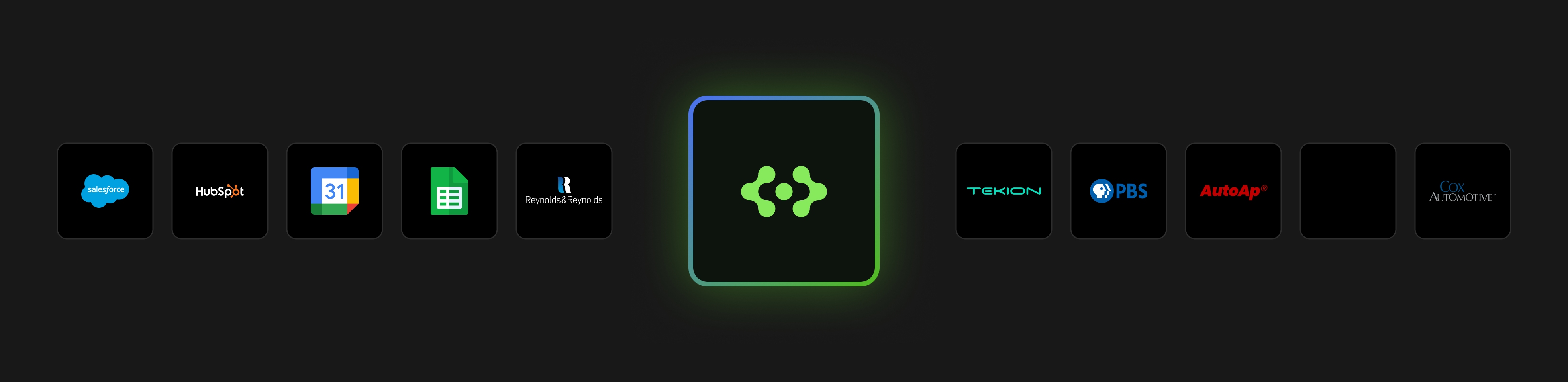 Row of logos including Salesforce, HubSpot, Google Calendar, Google Sheets, Reynolds & Reynolds, Tekion, PBS, AutoAp, and Cox Automotive with a central glowing green icon.