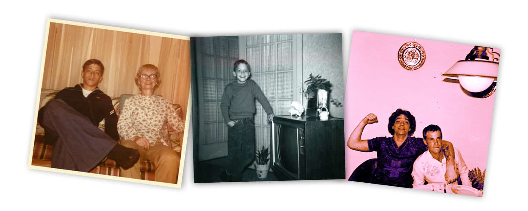 A collage of three vintage photos: a young man and an older woman sitting on a couch, a smiling boy standing next to a TV, and two men sitting with one flexing his arm.