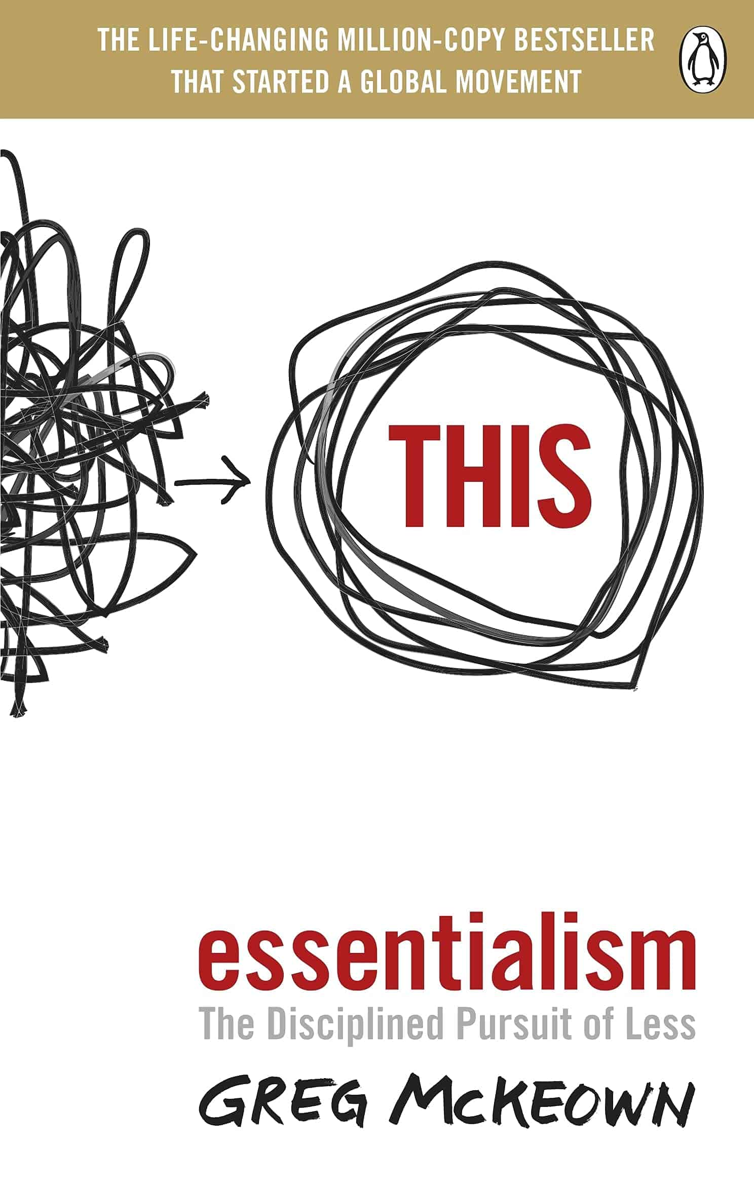 Book cover of Essentialism by Greg McKeown showing tangled black lines on the left leading to a neat circle around the word THIS in red, with the subtitle 'The Disciplined Pursuit of Less'.