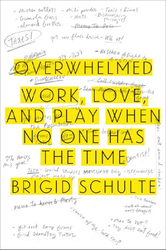 Book cover for 'Overwhelmed: Work, Love, and Play When No One Has the Time' by Brigid Schulte with handwritten notes and highlights.
