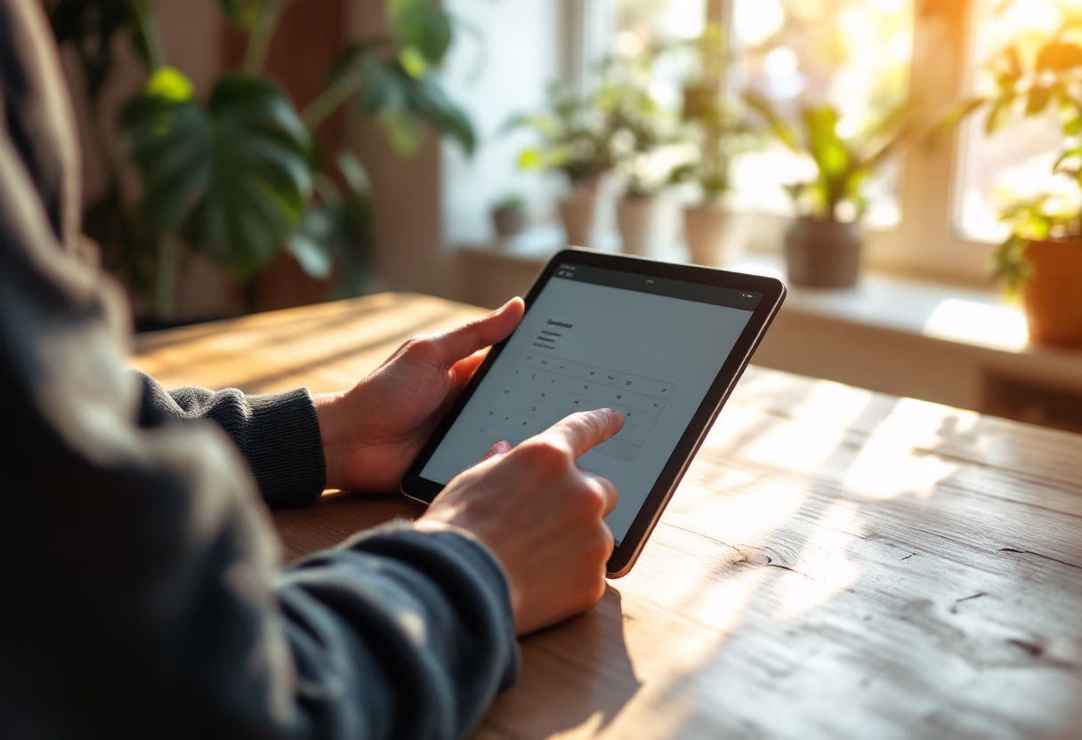 image of hands on an appointment booking on a tablet (for a garment care service)
