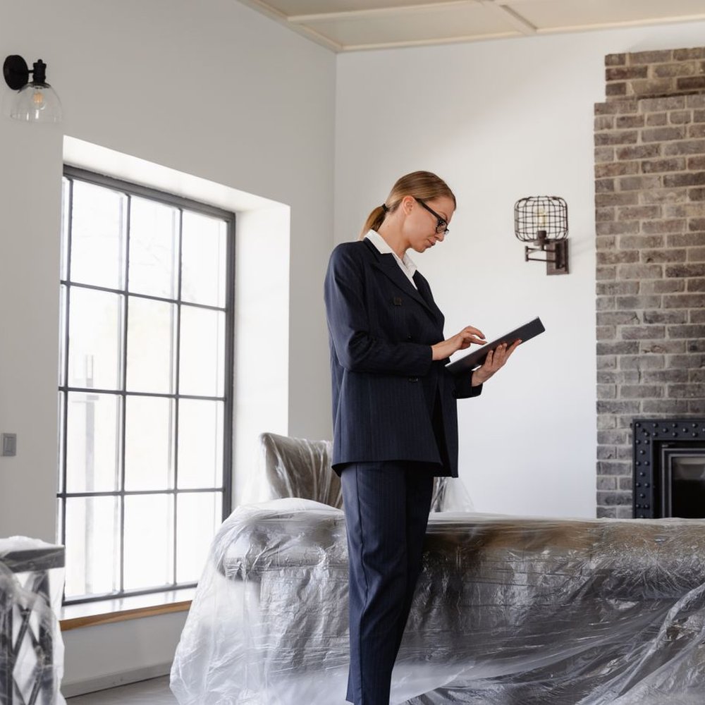 Professional documenting a room with furniture covered for repairs