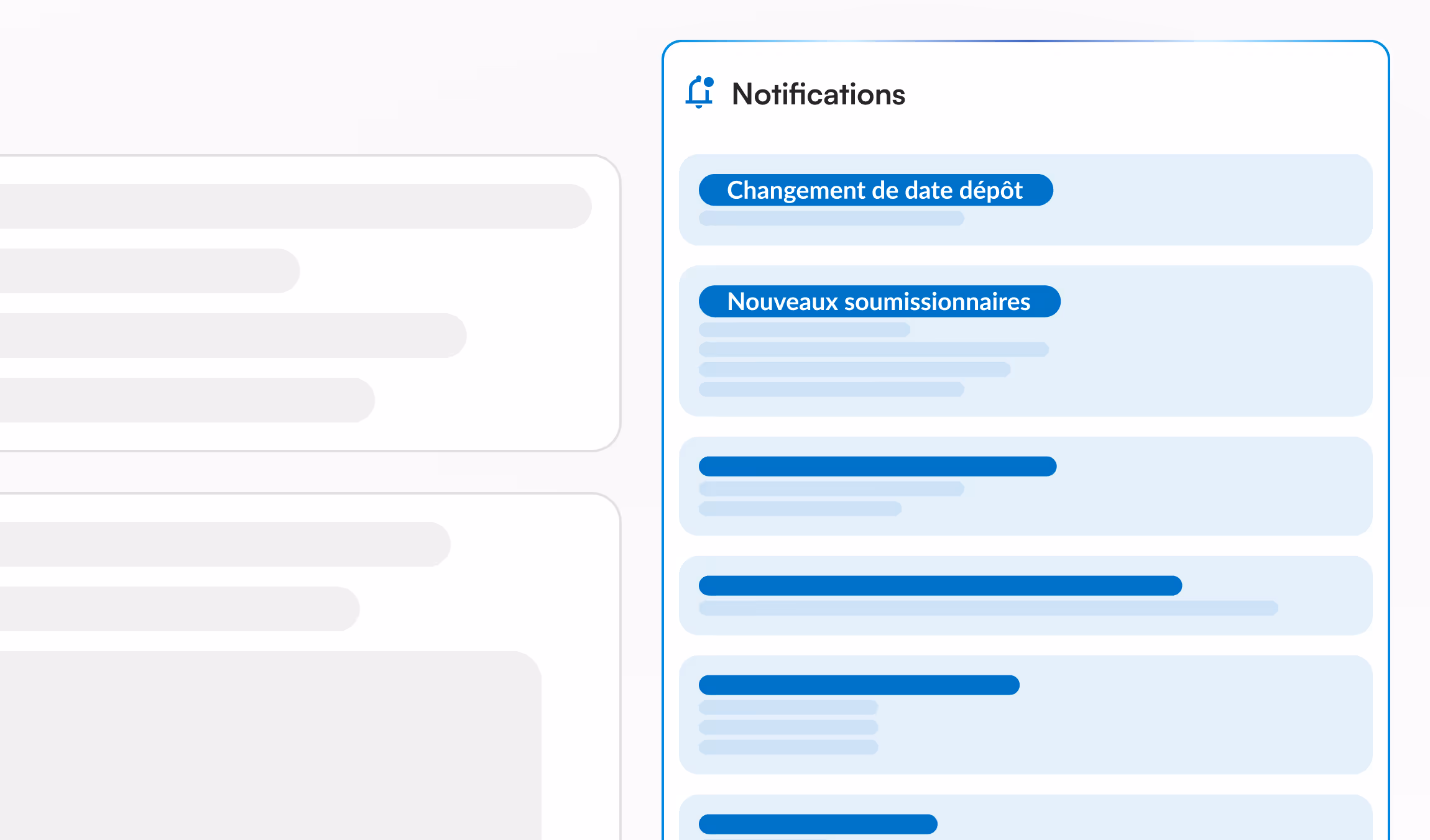 Interface de notifications avec titres comme Changement de date dépôt et Nouveaux soumissionnaires, comprenant plusieurs sections et lignes de texte flou.