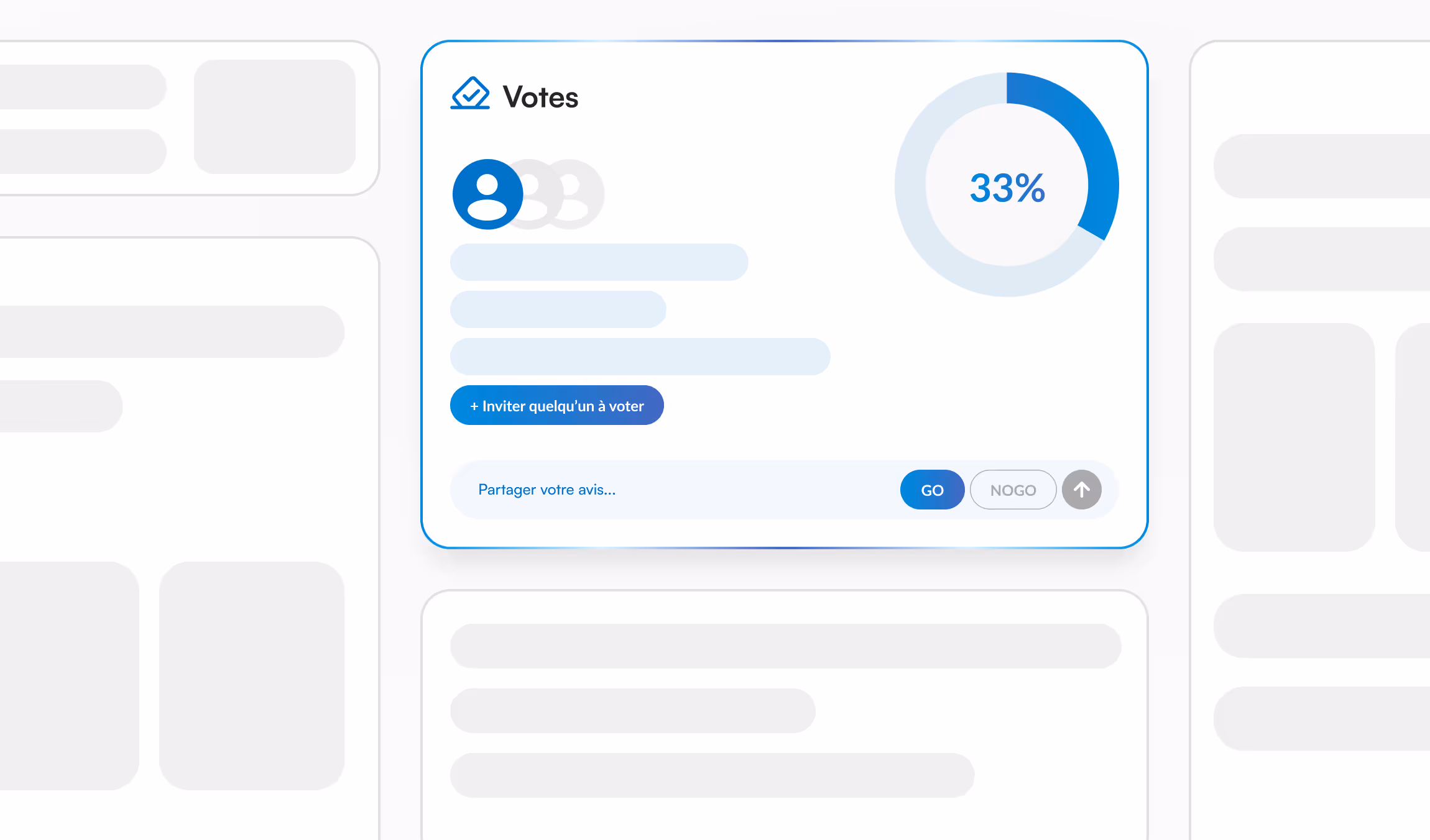 Tableau des votes montrant 33 % avec un graphique circulaire, une option pour inviter quelqu’un à voter, et un champ pour partager un avis avec les boutons GO et NOGO.