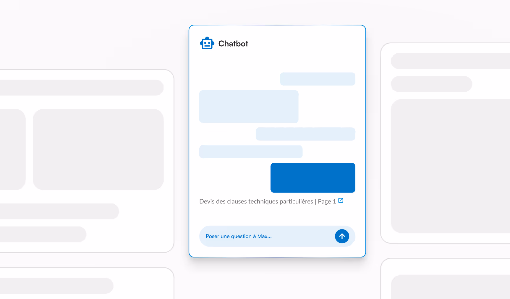 Interface de chatbot avec un logo de robot, plusieurs bulles de texte en bleu clair, un bouton bleu et un champ pour poser une question à Max.