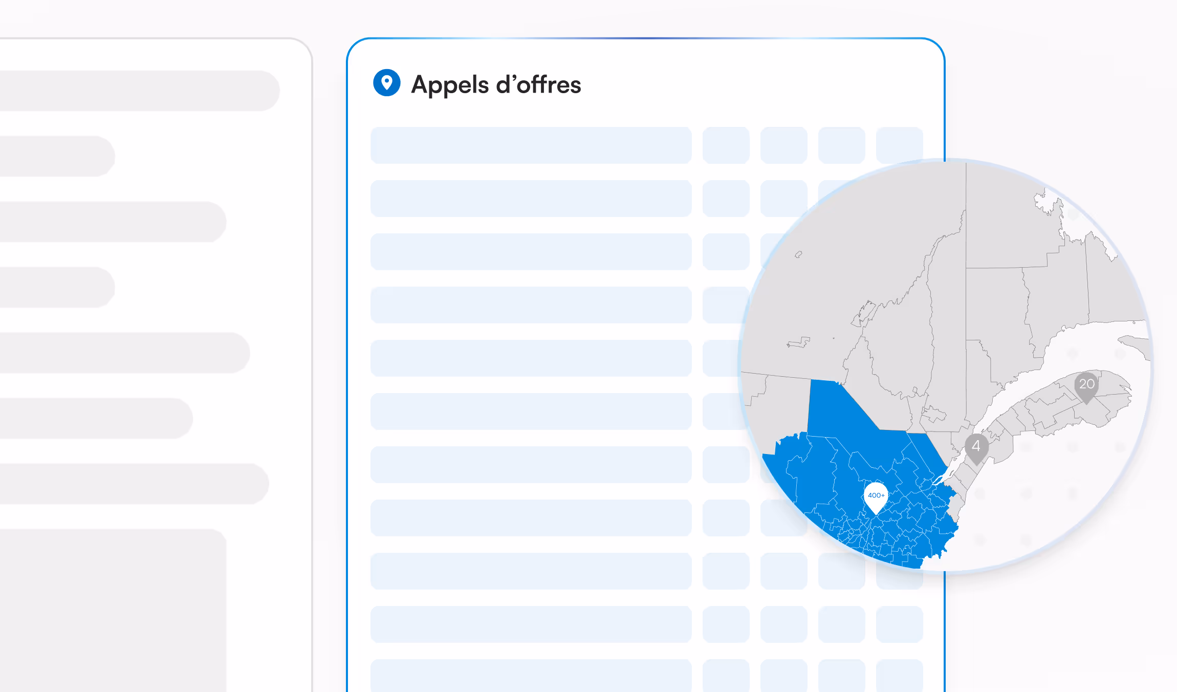 Carte de la région du Grand Montréal en bleu avec un indicateur montrant plus de 400 appels d’offres, entourée d’une liste d’appels d’offres partiellement visible.